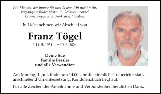 Traueranzeige von Franz Tögel von Fränkische Nachrichten