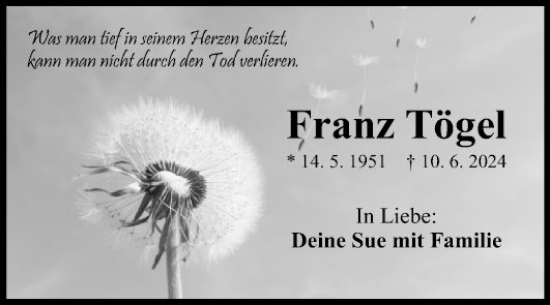 Traueranzeige von Franz Tögel von Fränkische Nachrichten