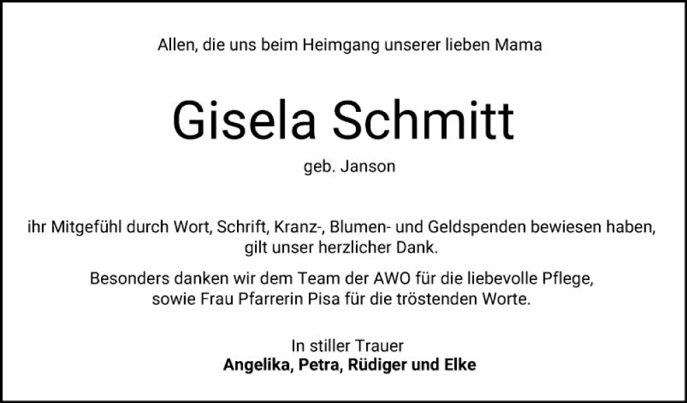  Traueranzeige für Gisela Schmitt vom 08.06.2024 aus Bergsträßer Anzeiger