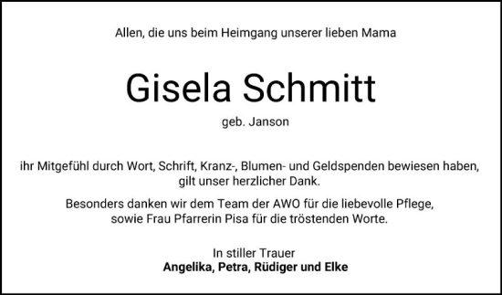 Traueranzeige von Gisela Schmitt von Bergsträßer Anzeiger