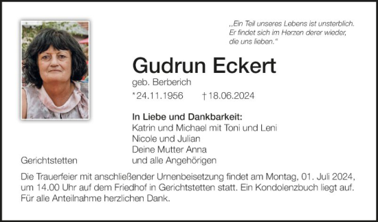 Traueranzeige von Gudrun Eckert von Fränkische Nachrichten