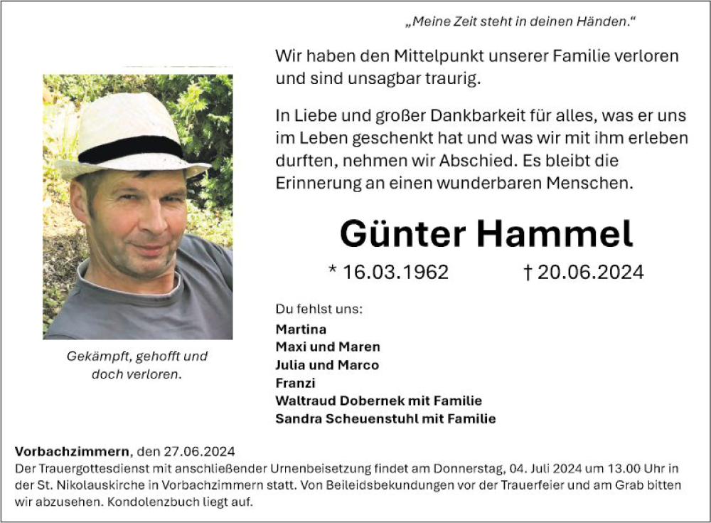  Traueranzeige für Günter Hammel vom 27.06.2024 aus Fränkische Nachrichten