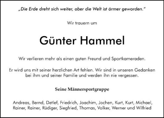 Traueranzeige von Günter Hammel von Fränkische Nachrichten