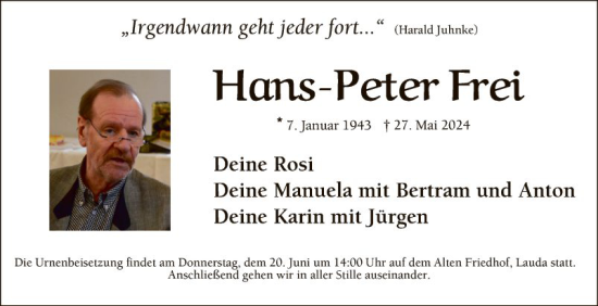 Traueranzeige von Hans-Peter Frei von Fränkische Nachrichten