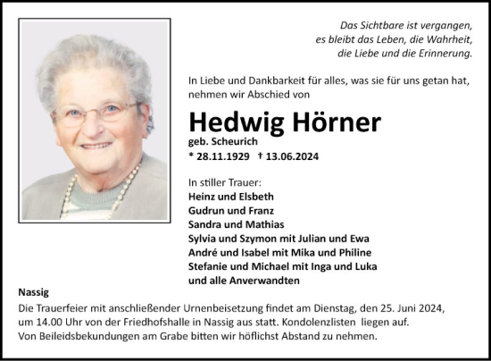 Traueranzeige von Hedwig Hörner von Fränkische Nachrichten