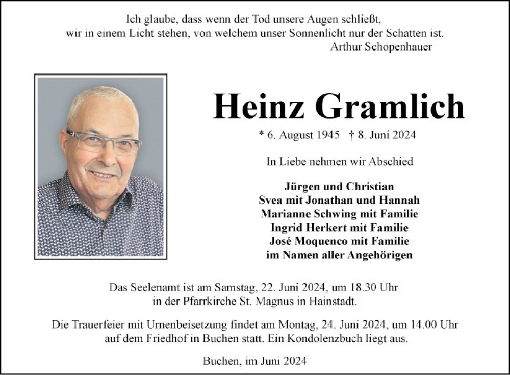  Traueranzeige für Heinz Gramlich vom 15.06.2024 aus Fränkische Nachrichten