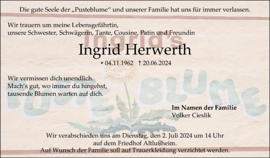 Traueranzeige von Ingrid Herwerth von Schwetzinger Zeitung