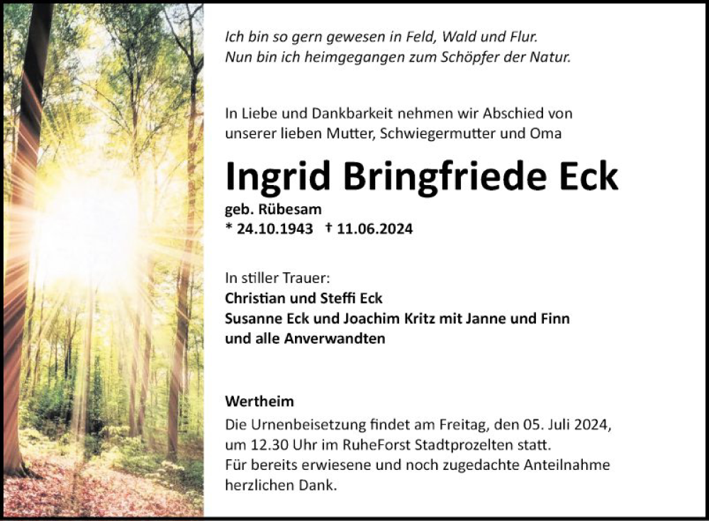  Traueranzeige für Ingrid Bringfriede Eck vom 22.06.2024 aus Fränkische Nachrichten
