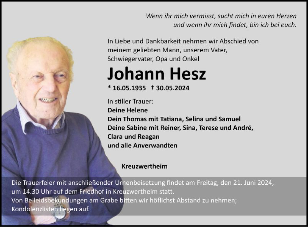  Traueranzeige für Johann Hesz vom 15.06.2024 aus Fränkische Nachrichten