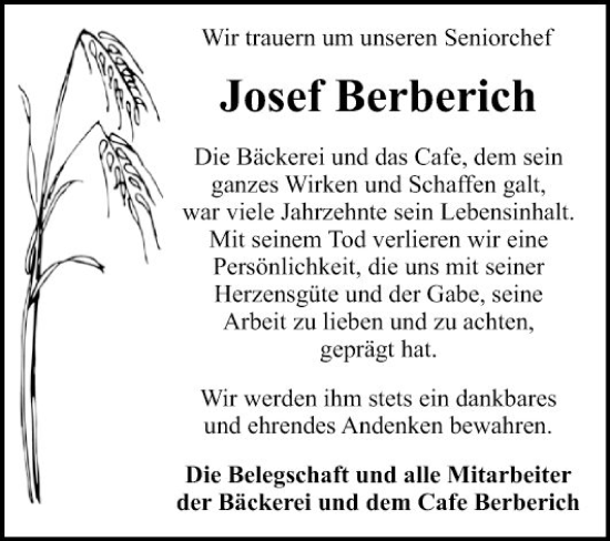 Traueranzeige von Josef Berberich von Fränkische Nachrichten