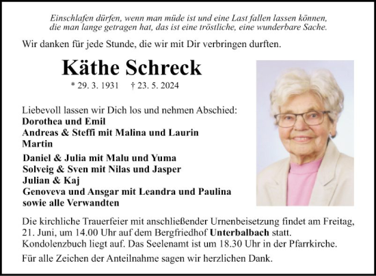 Traueranzeige von Käthe Schreck von Fränkische Nachrichten