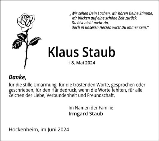 Traueranzeige von Klaus Staub von Schwetzinger Zeitung