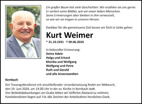 Traueranzeige von Kurt Weimer von Fränkische Nachrichten
