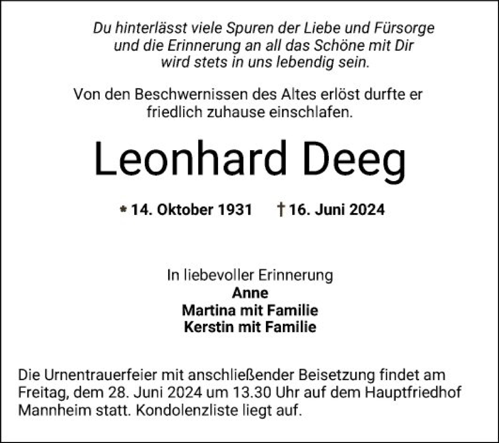  Traueranzeige für Leonhard Deeg vom 22.06.2024 aus Mannheimer Morgen