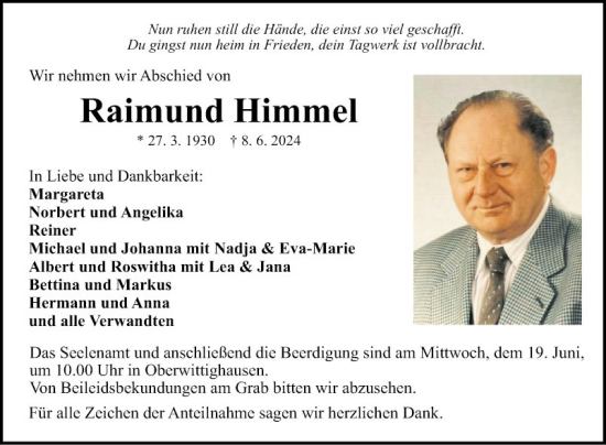 Traueranzeige von Raimund Himmel von Fränkische Nachrichten