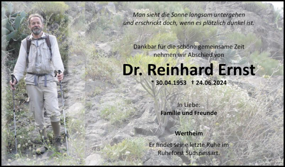  Traueranzeige für Reinhard Ernst vom 29.06.2024 aus Fränkische Nachrichten