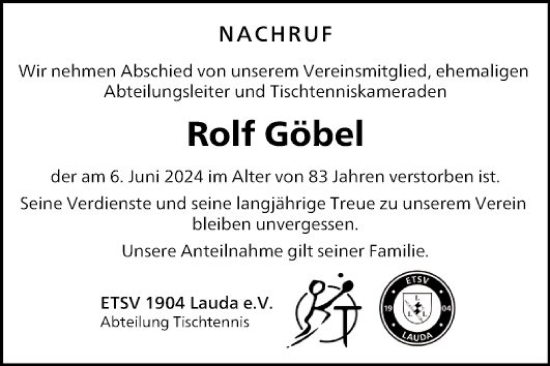 Traueranzeige von Rolf Göbel von Fränkische Nachrichten