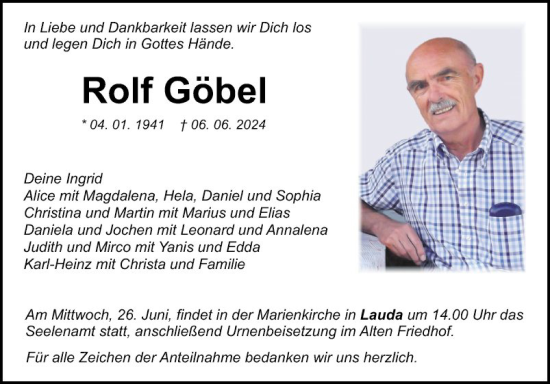 Traueranzeige von Rolf Göbel von Fränkische Nachrichten