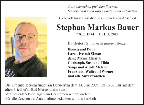 Traueranzeige von Stephan Markus Bauer von Fränkische Nachrichten