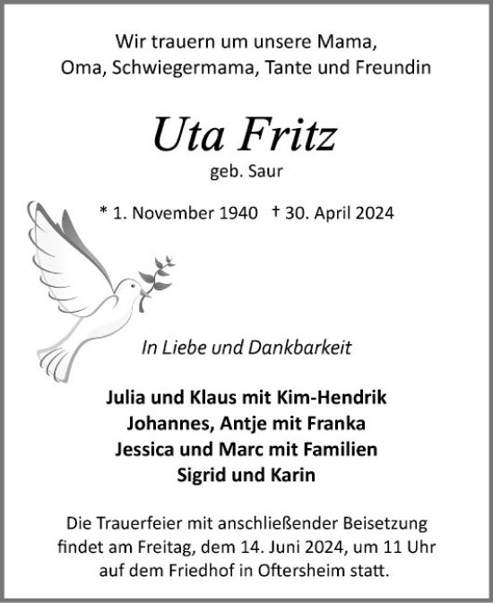 Traueranzeige von Uta Fritz von Schwetzinger Zeitung