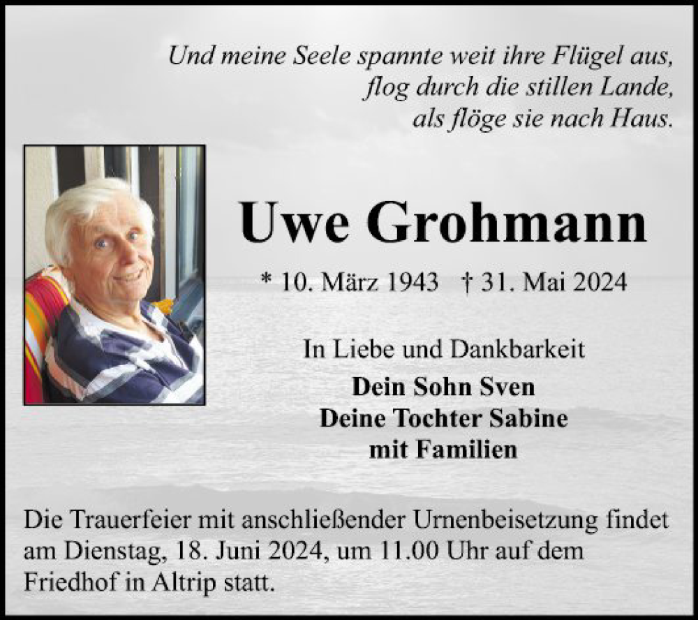  Traueranzeige für Uwe Grohmann vom 08.06.2024 aus Mannheimer Morgen