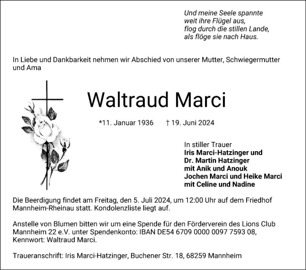  Traueranzeige für Waltraud Marci vom 29.06.2024 aus Mannheimer Morgen