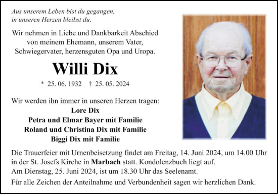 Traueranzeige von Willi Dix von Fränkische Nachrichten