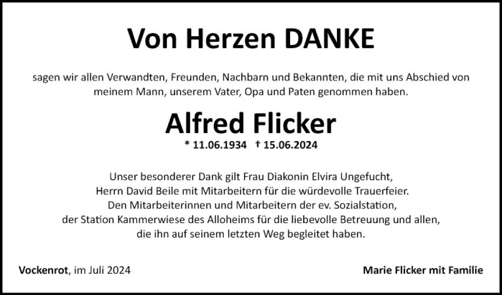  Traueranzeige für Alfred Flicker vom 20.07.2024 aus Fränkische Nachrichten