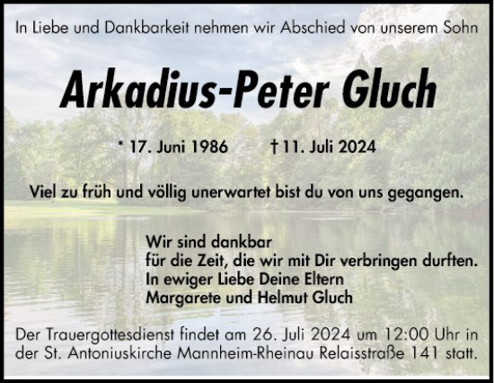 Traueranzeige von Arkadius-Peter Gluch von Mannheimer Morgen
