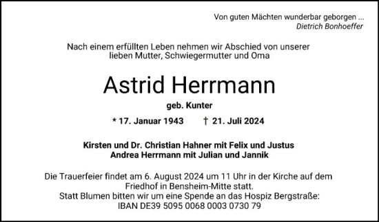 Traueranzeige von Astrid Herrmann von Bergsträßer Anzeiger