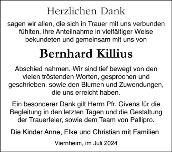 Traueranzeige von Bernhard Killius von Mannheimer Morgen