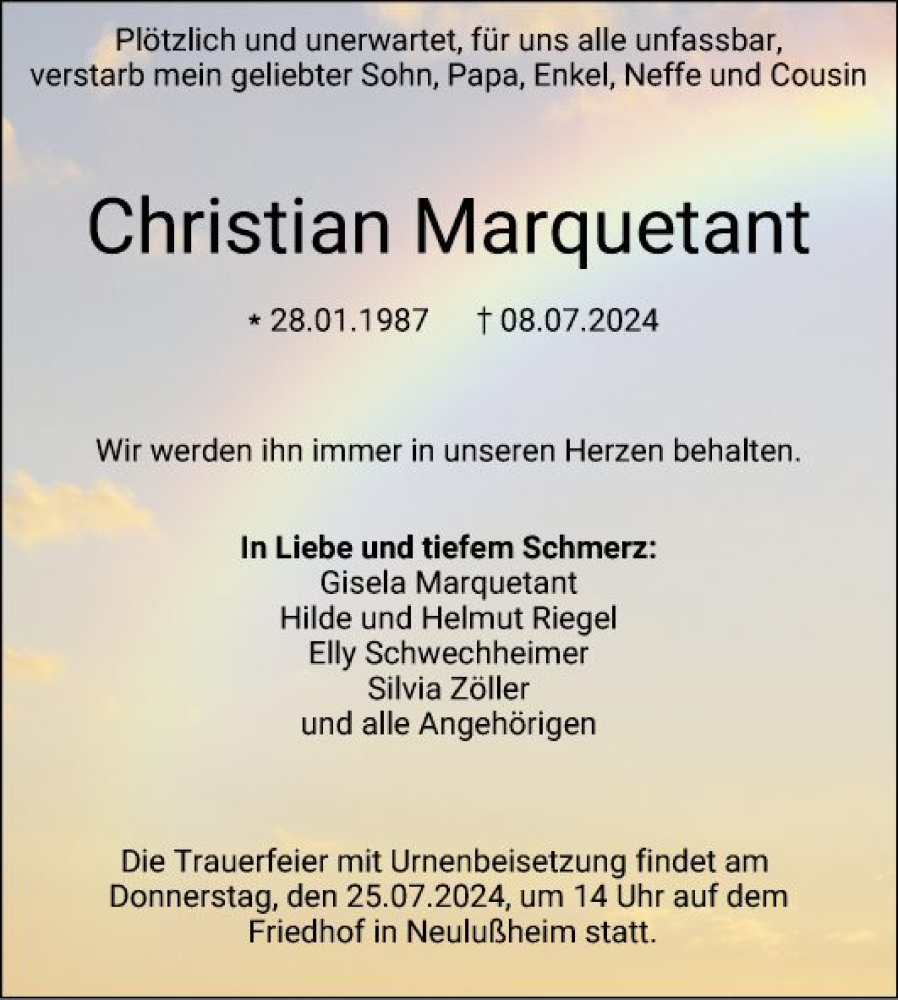  Traueranzeige für Christian Marquetant vom 13.07.2024 aus Schwetzinger Zeitung