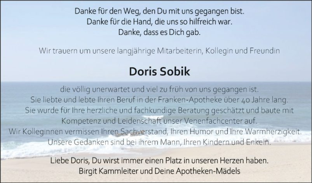  Traueranzeige für Doris Sobik vom 27.07.2024 aus Fränkische Nachrichten