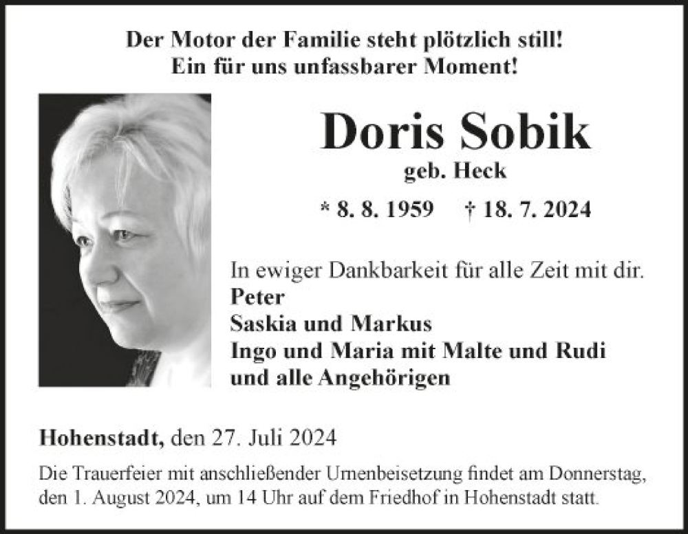  Traueranzeige für Doris Sobik vom 27.07.2024 aus Fränkische Nachrichten