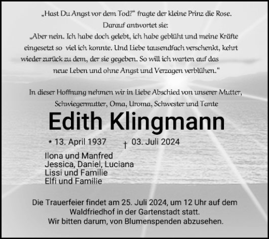 Traueranzeige von Edith Klingmann von Mannheimer Morgen