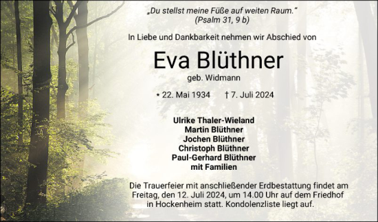 Traueranzeige von Eva Blüthner von Schwetzinger Zeitung
