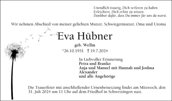 Traueranzeige von Eva Hübner von Schwetzinger Zeitung