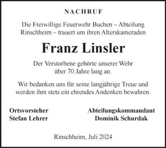 Traueranzeige von Franz Linsler von Fränkische Nachrichten