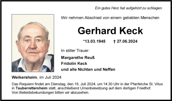 Traueranzeige von Gerhard Keck von Fränkische Nachrichten