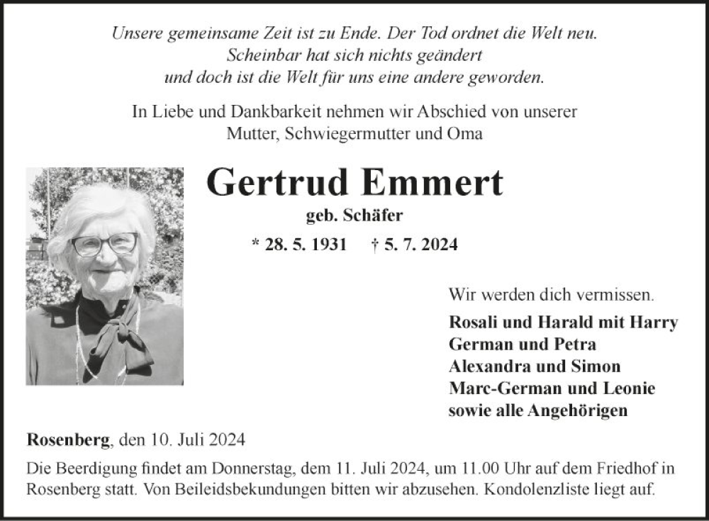  Traueranzeige für Gertrud Erinnert vom 10.07.2024 aus Fränkische Nachrichten