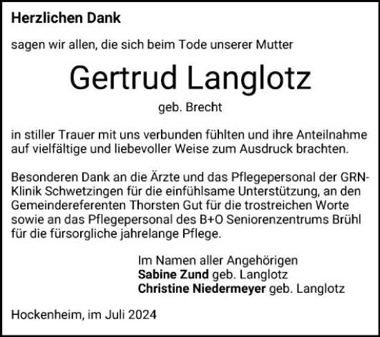 Traueranzeige von Gertrud Langlotz von Schwetzinger Zeitung