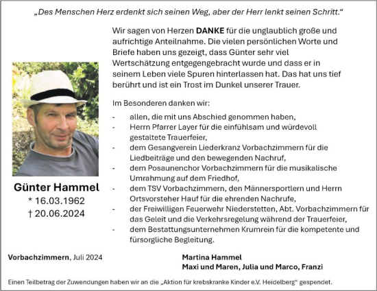 Traueranzeige von Günter Hammel von Fränkische Nachrichten