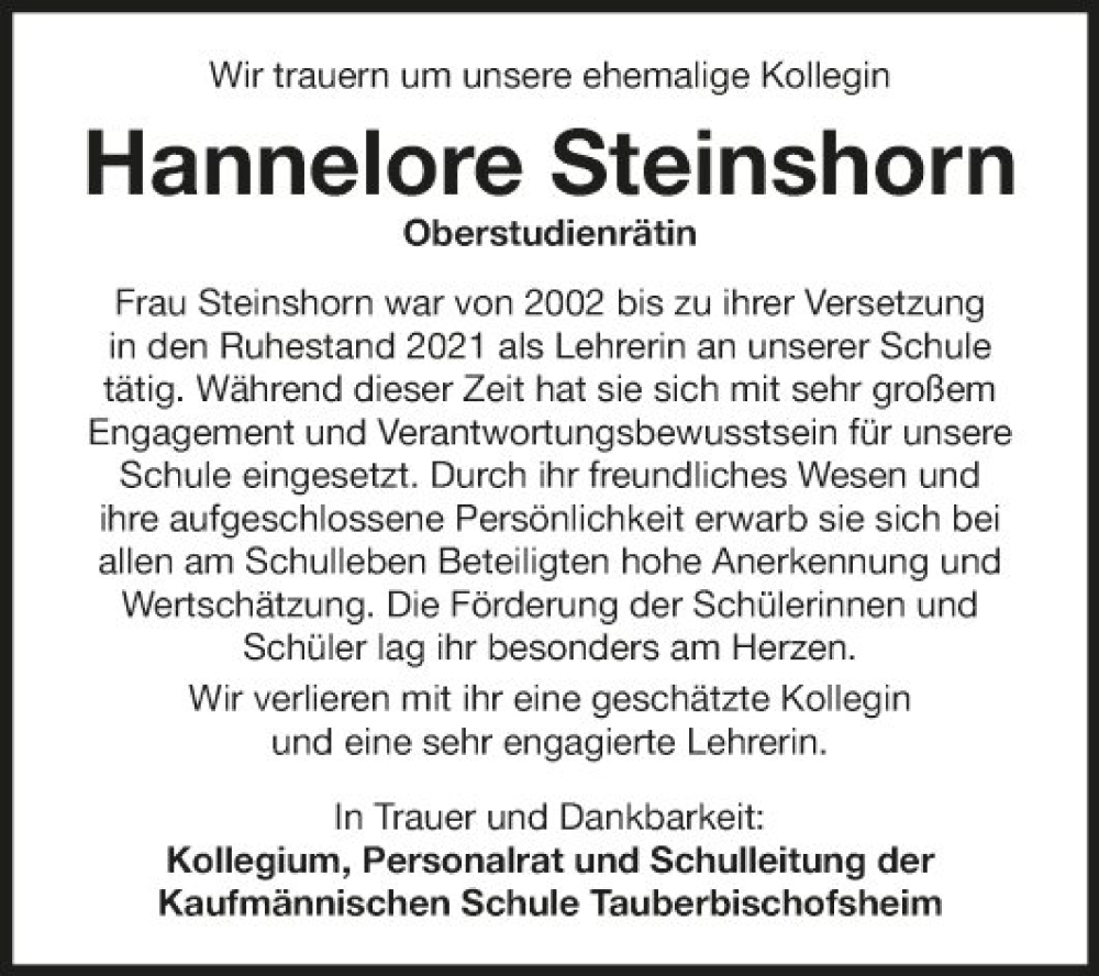  Traueranzeige für Hannelore Steinshorn vom 20.07.2024 aus Fränkische Nachrichten