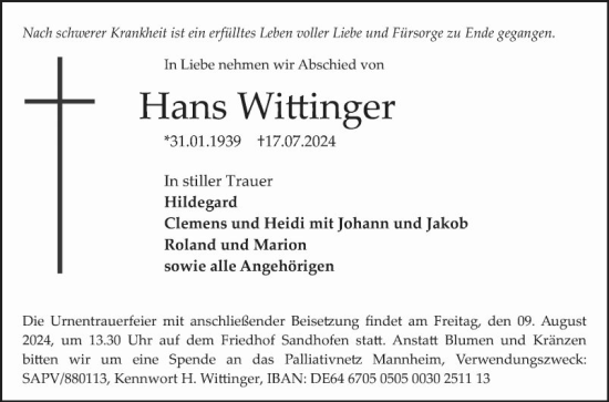 Traueranzeige von Hans Wittinger von Mannheimer Morgen