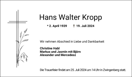 Traueranzeige von Hans Walter Kropp von Bergsträßer Anzeiger