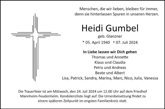 Traueranzeige von Heidi Gumbel von Mannheimer Morgen