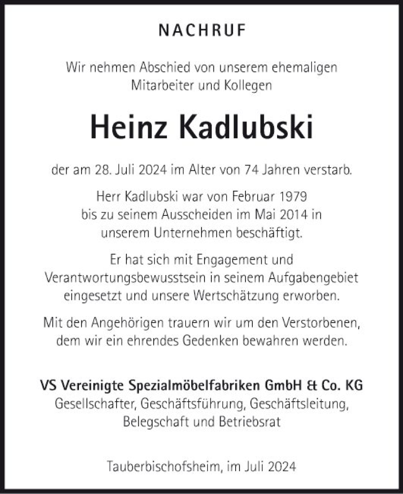  Traueranzeige für Heinz Kadlubski vom 01.08.2024 aus Fränkische Nachrichten