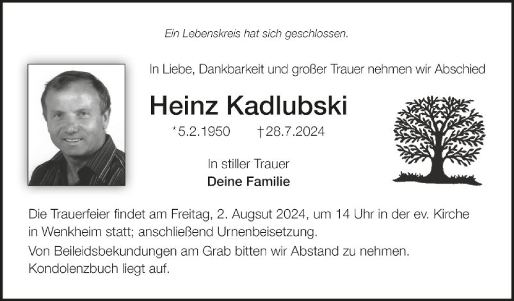  Traueranzeige für Heinz Kadlubski vom 01.08.2024 aus Fränkische Nachrichten