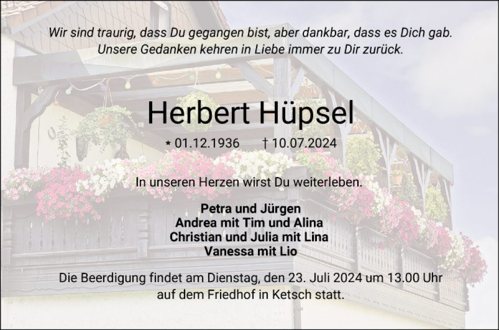  Traueranzeige für Herbert Hüpsel vom 20.07.2024 aus Schwetzinger Zeitung