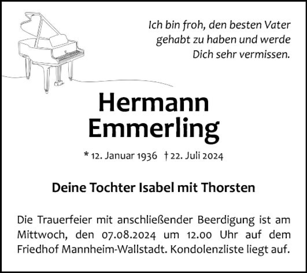  Traueranzeige für Hermann Emmerling vom 27.07.2024 aus Mannheimer Morgen